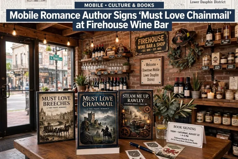 Illustration for the news story: Mobile Romance Author Angela Quarles Signs ‘Must Love Chainmail’ at Firehouse Wine Bar