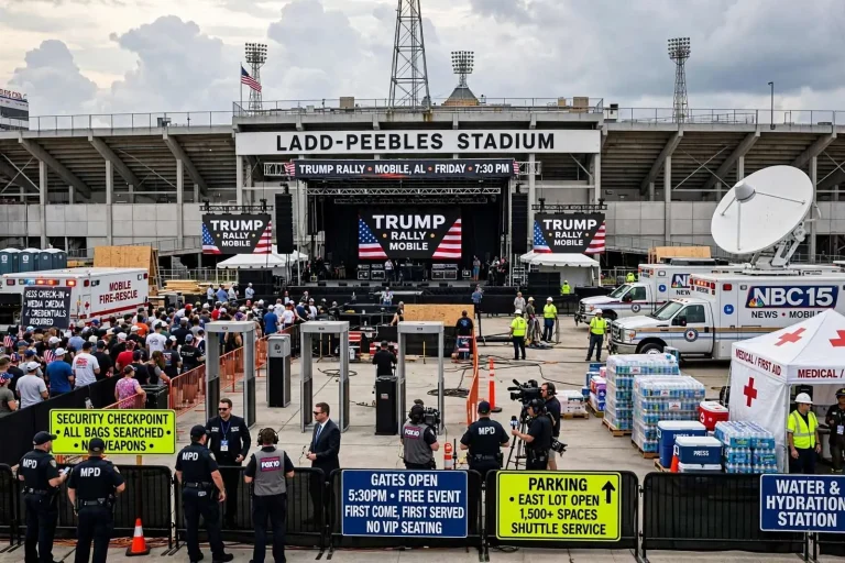 Illustration for the news story: Mobile Ramps Up Security, Logistics for Trump Rally at Ladd-Peebles