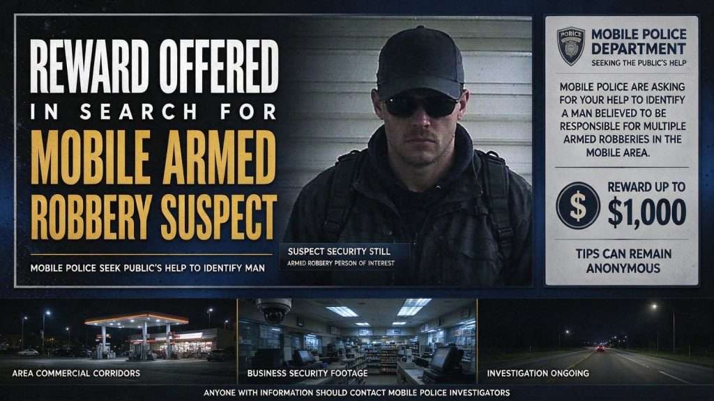 Illustration for the news story: Reward Offered in Search for Mobile Armed Robbery Suspect