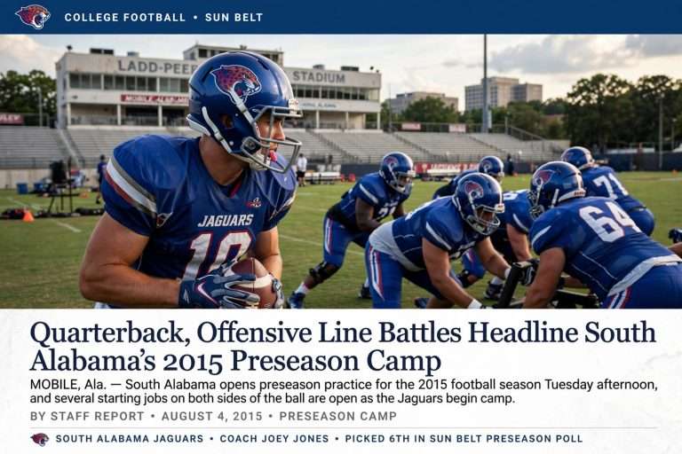 Illustration for the news story: Quarterback, Offensive Line Battles Headline South Alabama’s 2015 Preseason Camp