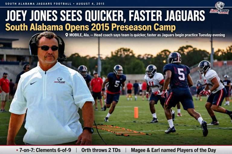 Illustration for the news story: Joey Jones Sees Quicker, Faster Jaguars as South Alabama Opens 2015 Preseason Camp