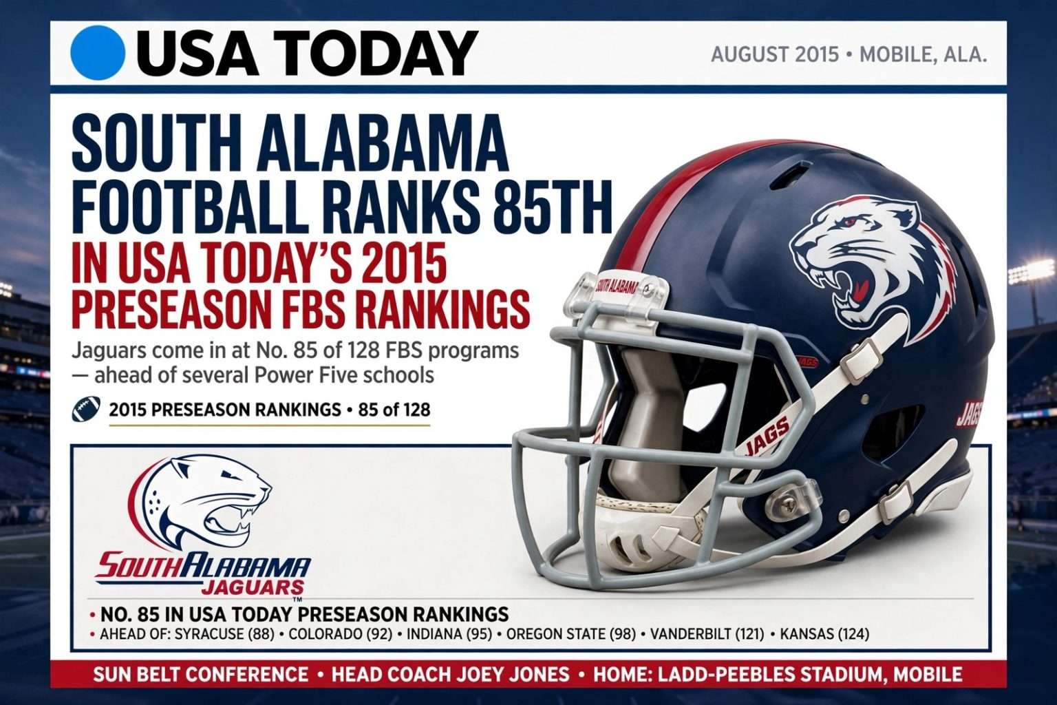 Illustration for the news story: USA Today Preseason Rankings Place South Alabama Football 85th of 128 FBS Programs