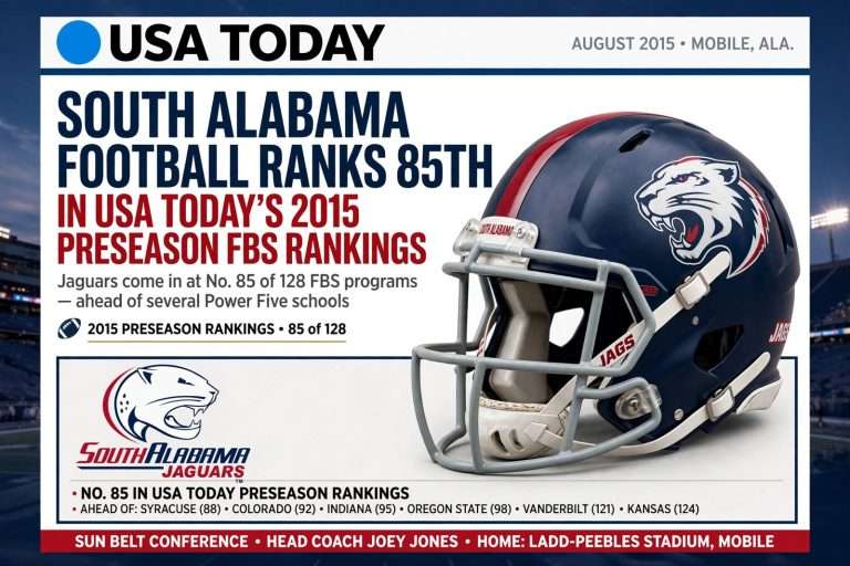 Illustration for the news story: USA Today Preseason Rankings Place South Alabama Football 85th of 128 FBS Programs