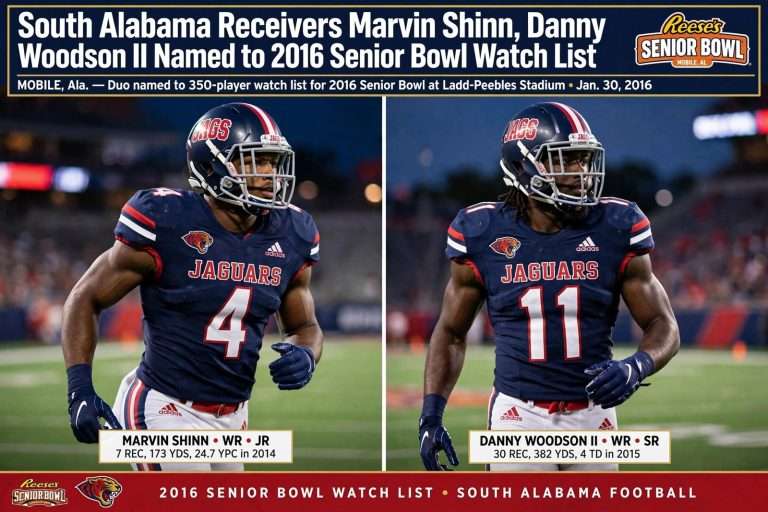 Illustration for the news story: South Alabama Receivers Marvin Shinn, Danny Woodson II Named to 2016 Senior Bowl Watch List