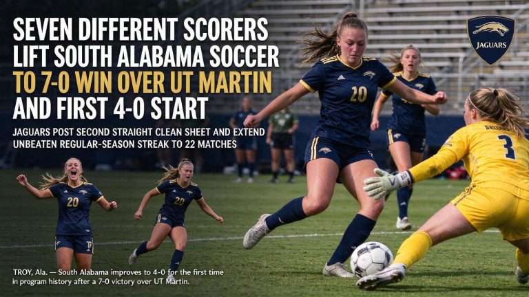 Illustration for the news story: Seven Different Scorers Lift South Alabama Soccer to 7-0 Win Over UT Martin and First 4-0 Start