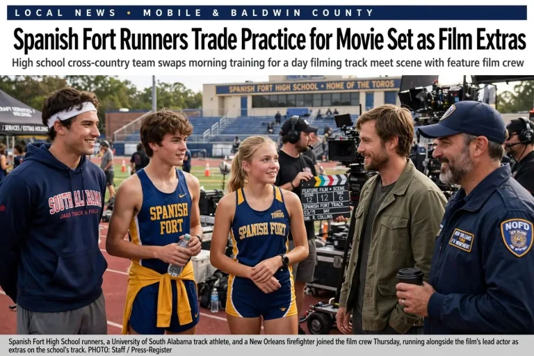 Illustration for the news story: Spanish Fort Runners Trade Practice for Movie Set as Film Extras
