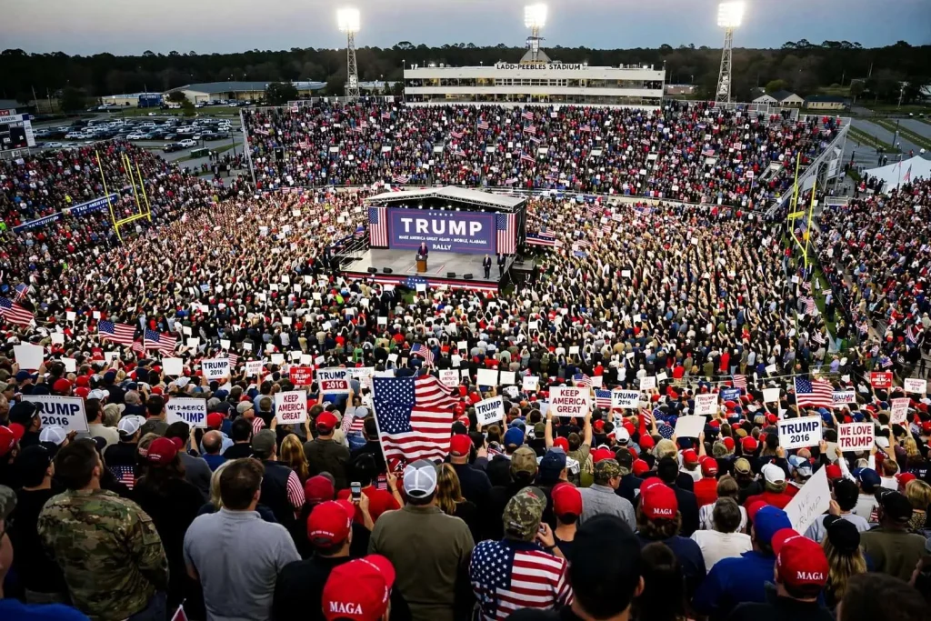 Illustration for the news story: Trump Rally Draws Tens of Thousands to Mobile’s Ladd-Peebles Stadium