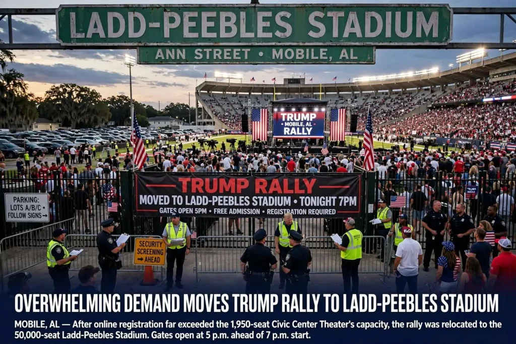 Illustration for the news story: Overwhelming Demand Moves Trump Rally to Ladd-Peebles Stadium