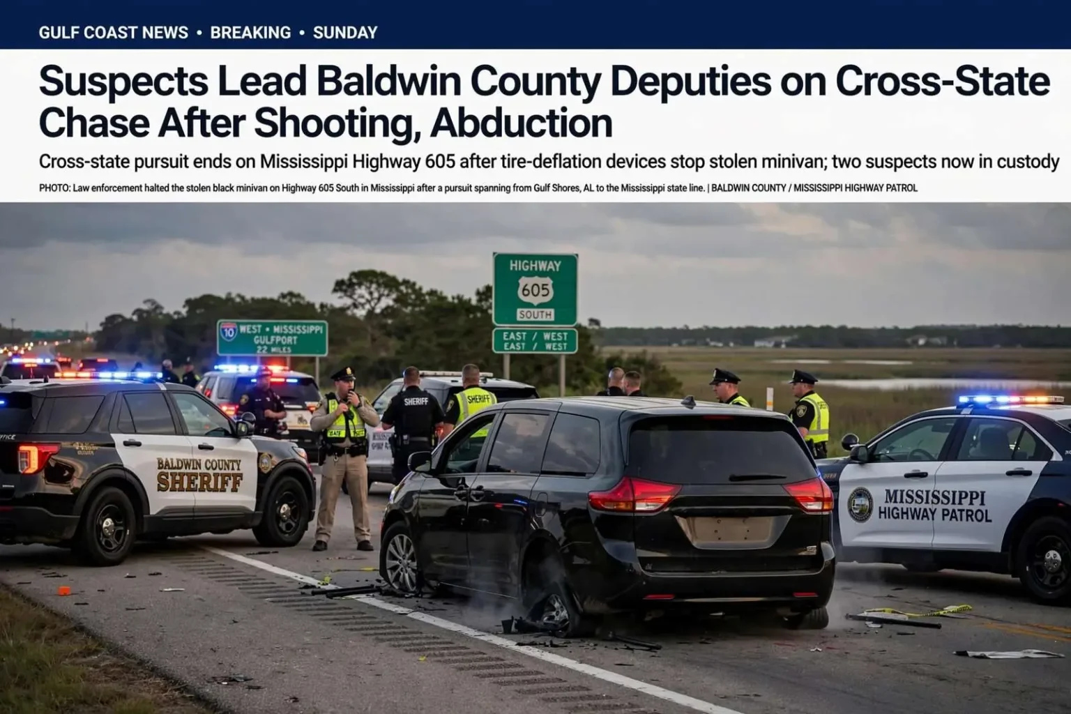 Illustration for the news story: Suspects Lead Baldwin County Deputies on Cross-State Chase After Shooting, Abduction