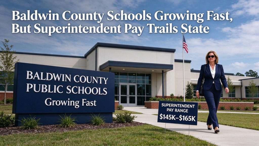 Illustration for the news story: Baldwin County Schools Growing Fast, But Superintendent Pay Trails State