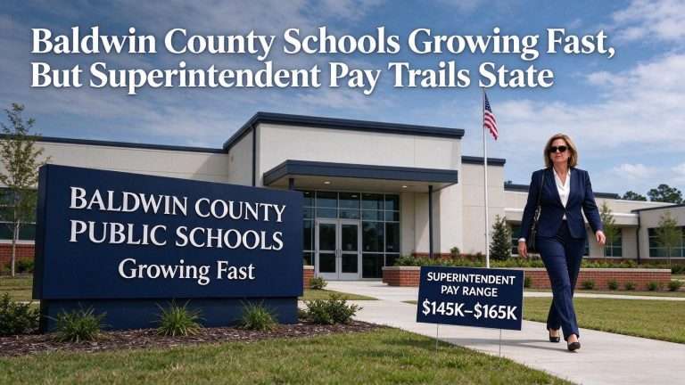 Illustration for the news story: Baldwin County Schools Growing Fast, But Superintendent Pay Trails State