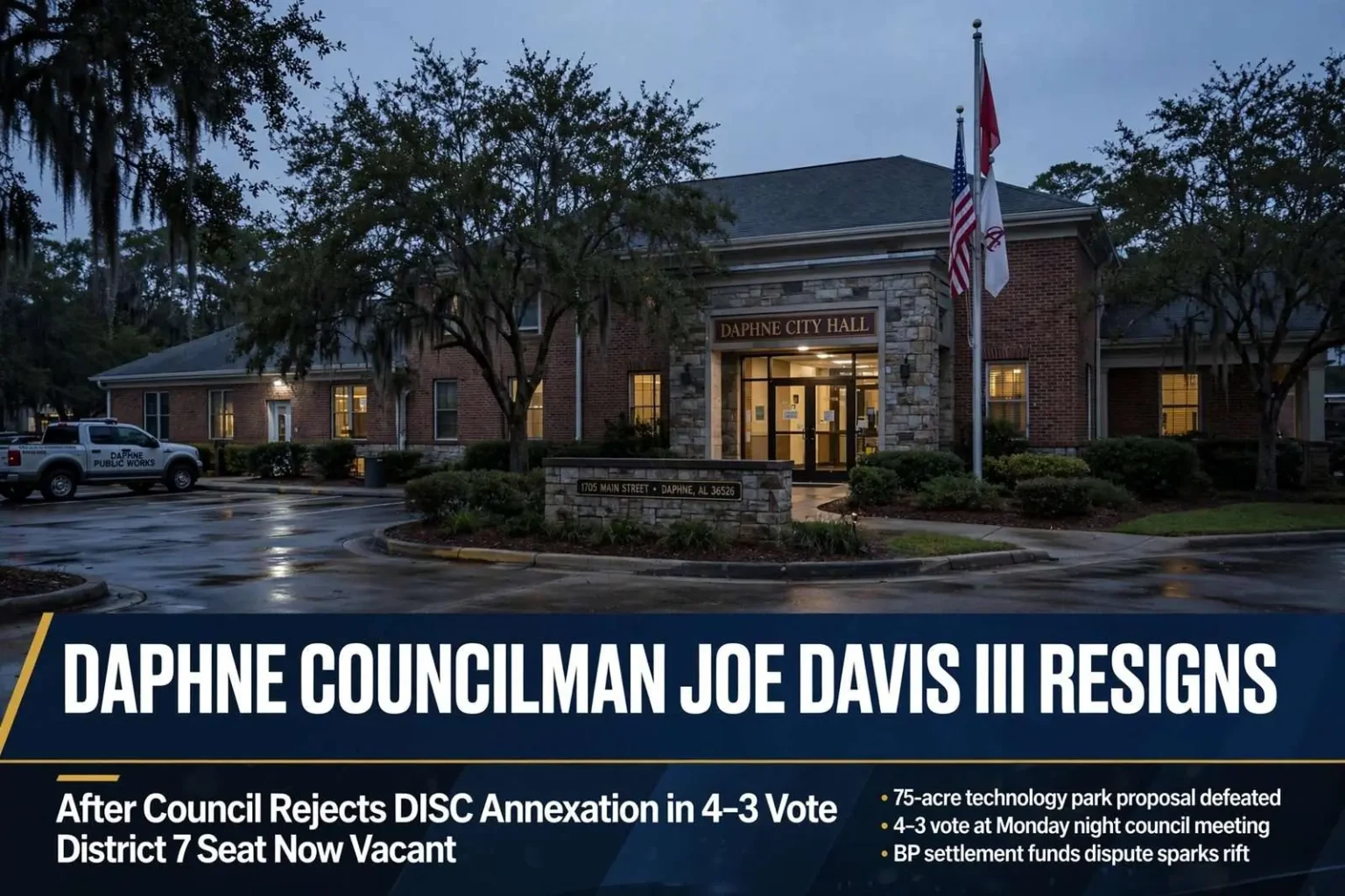 Illustration for the news story: Daphne Councilman Joe Davis III Resigns After Council Rejects DISC Annexation