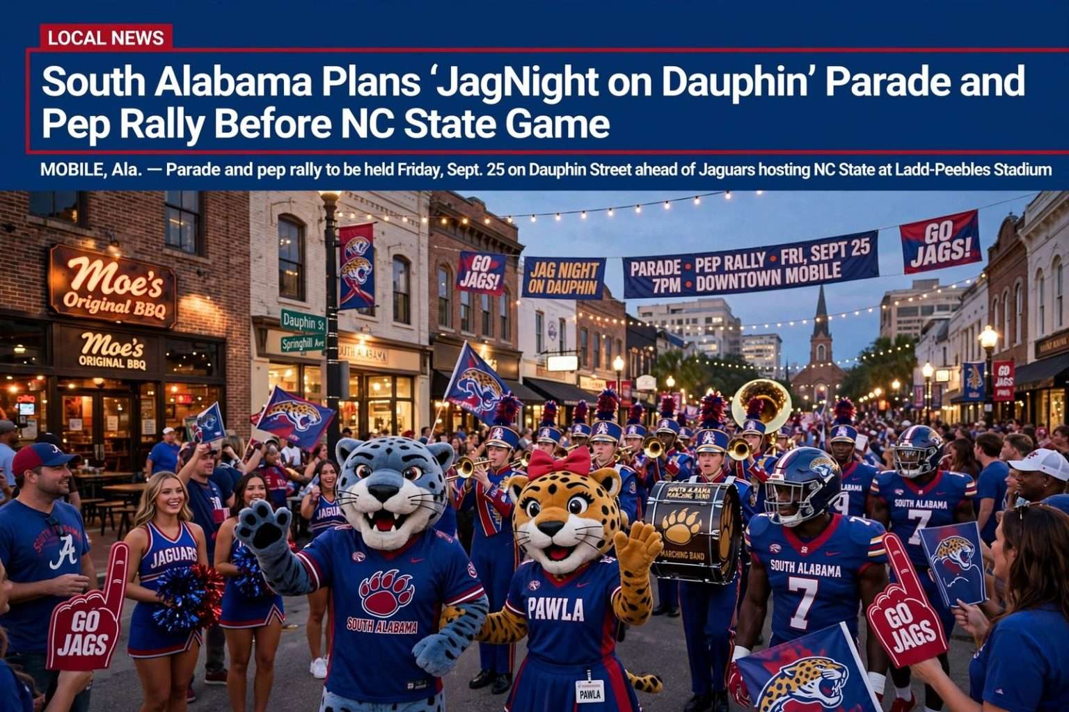 Illustration for the news story: South Alabama Plans ‘JagNight on Dauphin’ Parade and Pep Rally Before NC State Game