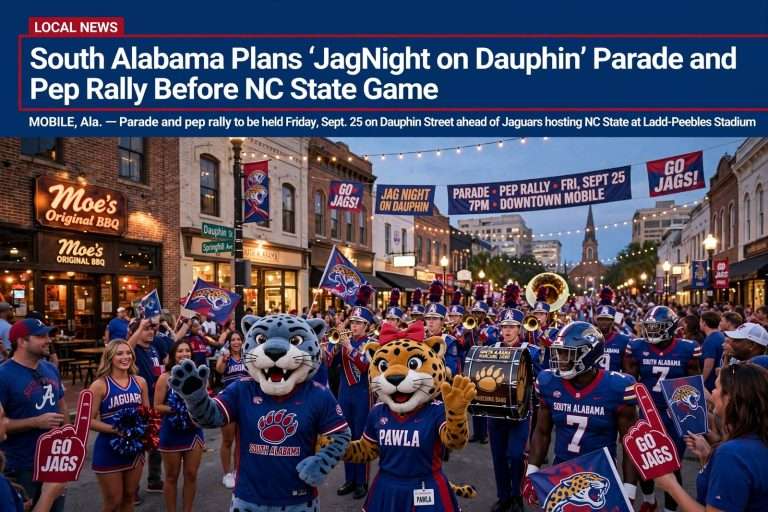 Illustration for the news story: South Alabama Plans ‘JagNight on Dauphin’ Parade and Pep Rally Before NC State Game