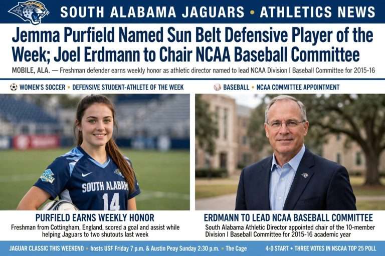 Illustration for the news story: Jemma Purfield Named Sun Belt Defensive Player of the Week; Joel Erdmann to Chair NCAA Baseball Committee