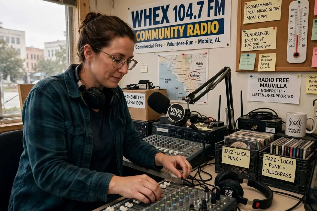 Illustration for the news story: Locally Owned WHEX Community Radio Still Headed for 104.7 FM in Mobile