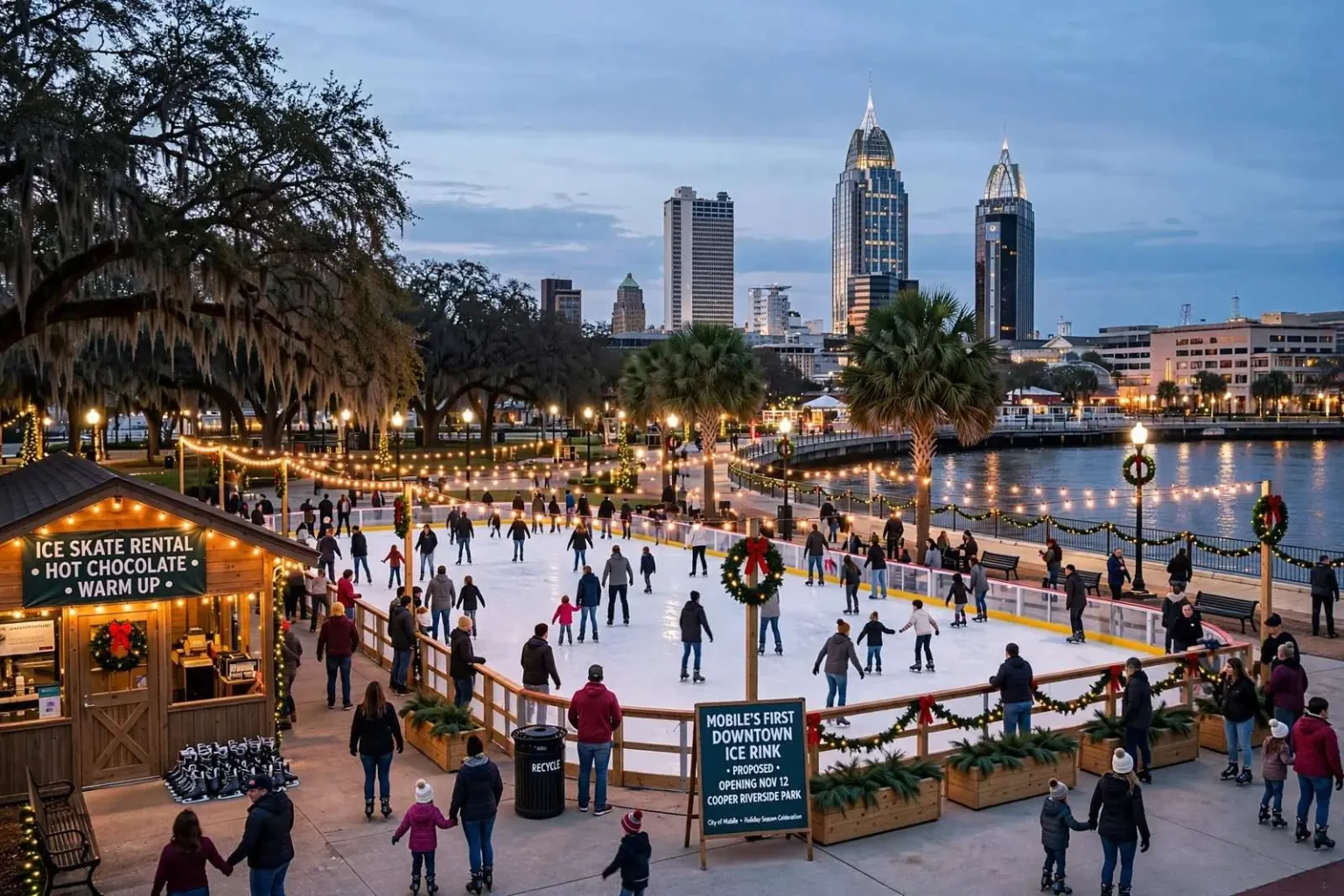Illustration for the news story: Mobile Weighs Downtown Ice Rink for Holiday Season