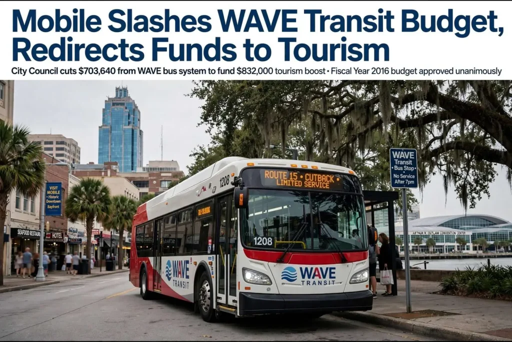 Illustration for the news story: Mobile Slashes WAVE Transit Budget, Redirects Funds to Tourism