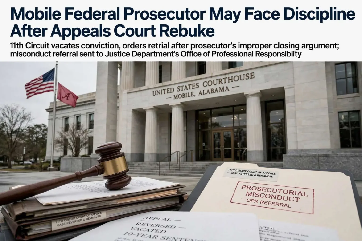 Illustration for the news story: Mobile Federal Prosecutor May Face Discipline After Appeals Court Rebuke