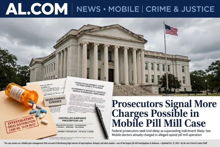 Illustration for the news story: Prosecutors Signal More Charges Possible in Mobile Pill Mill Case