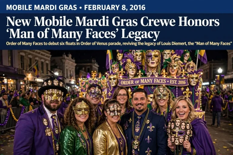 Illustration for the news story: New Mobile Mardi Gras Crewe Honors ‘Man of Many Faces’ Legacy