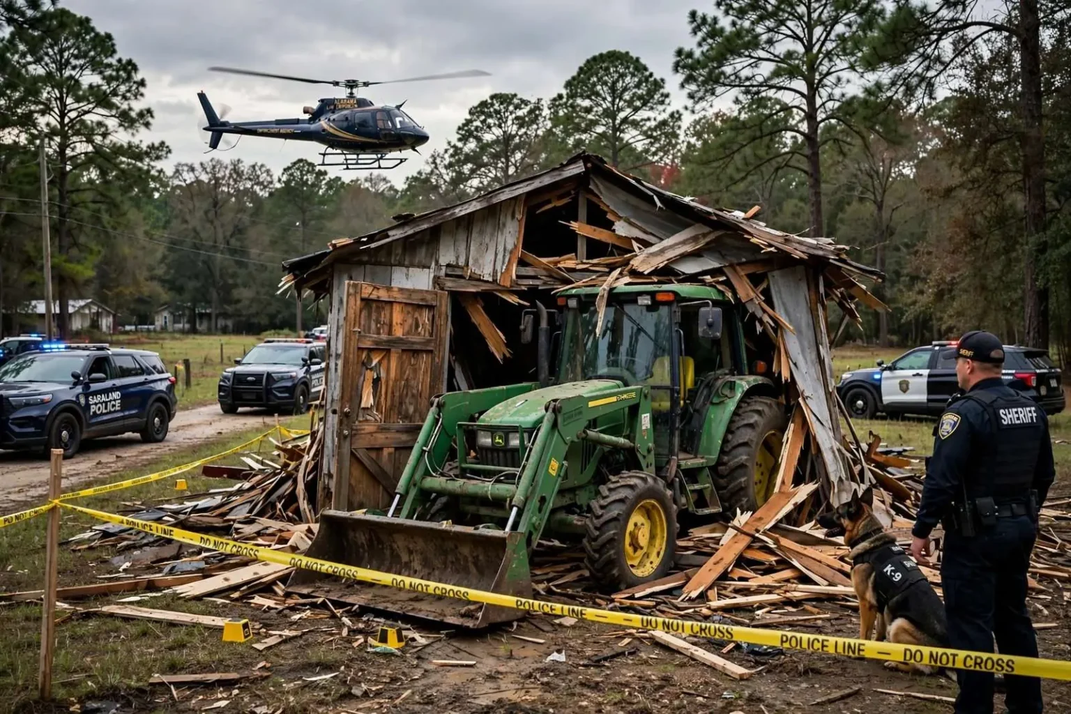Illustration for the news story: Suspect Fires on Officers, Flees on Stolen Tractor in Saraland Standoff