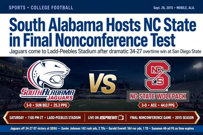 Illustration for the news story: South Alabama Hosts NC State in Final Nonconference Test After Overtime Win at San Diego State