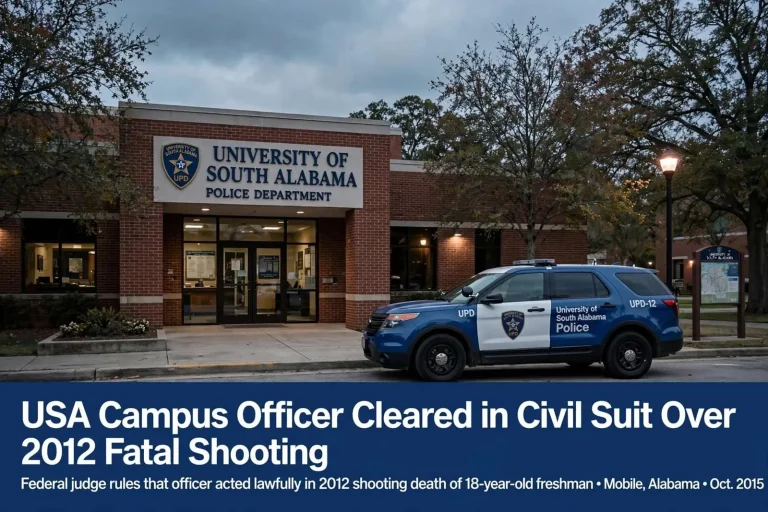 Illustration for the news story: USA Campus Officer Cleared in Civil Suit Over 2012 Fatal Shooting