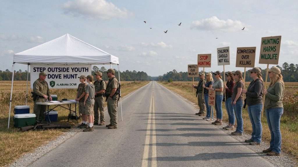 Illustration for the news story: Mobile County Youth Dove Hunt Draws Peaceful Protest From Animal Rights Advocates