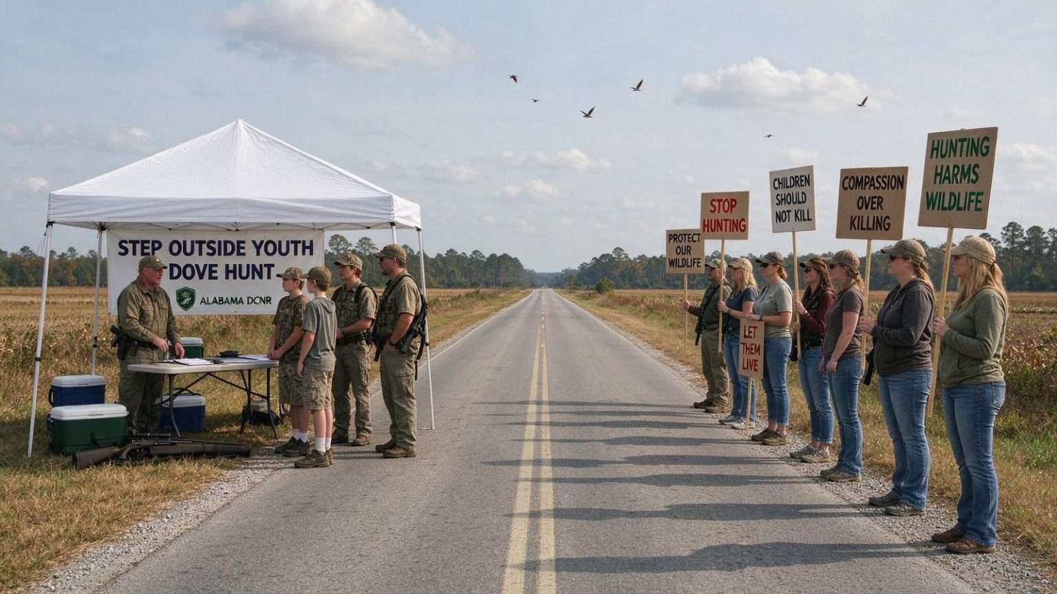 Illustration for the news story: Mobile County Youth Dove Hunt Draws Peaceful Protest From Animal Rights Advocates