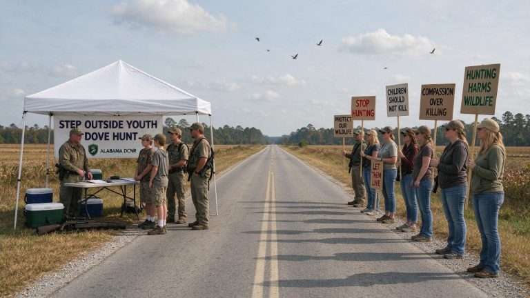 Illustration for the news story: Mobile County Youth Dove Hunt Draws Peaceful Protest From Animal Rights Advocates