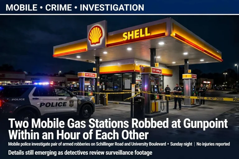 Illustration for the news story: Two Mobile Gas Stations Robbed at Gunpoint Within an Hour of Each Other
