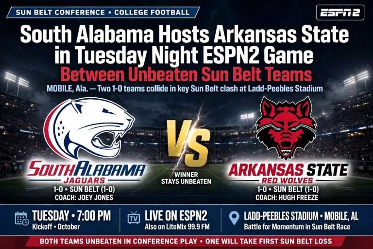 Illustration for the news story: South Alabama Hosts Arkansas State in Tuesday Night ESPN2 Game Between Unbeaten Sun Belt Teams