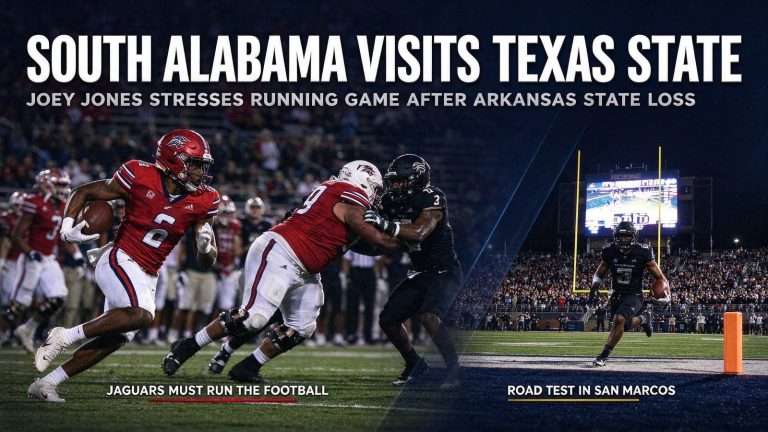 Illustration for the news story: South Alabama Visits Texas State as Joey Jones Stresses Running Game After Arkansas State Loss