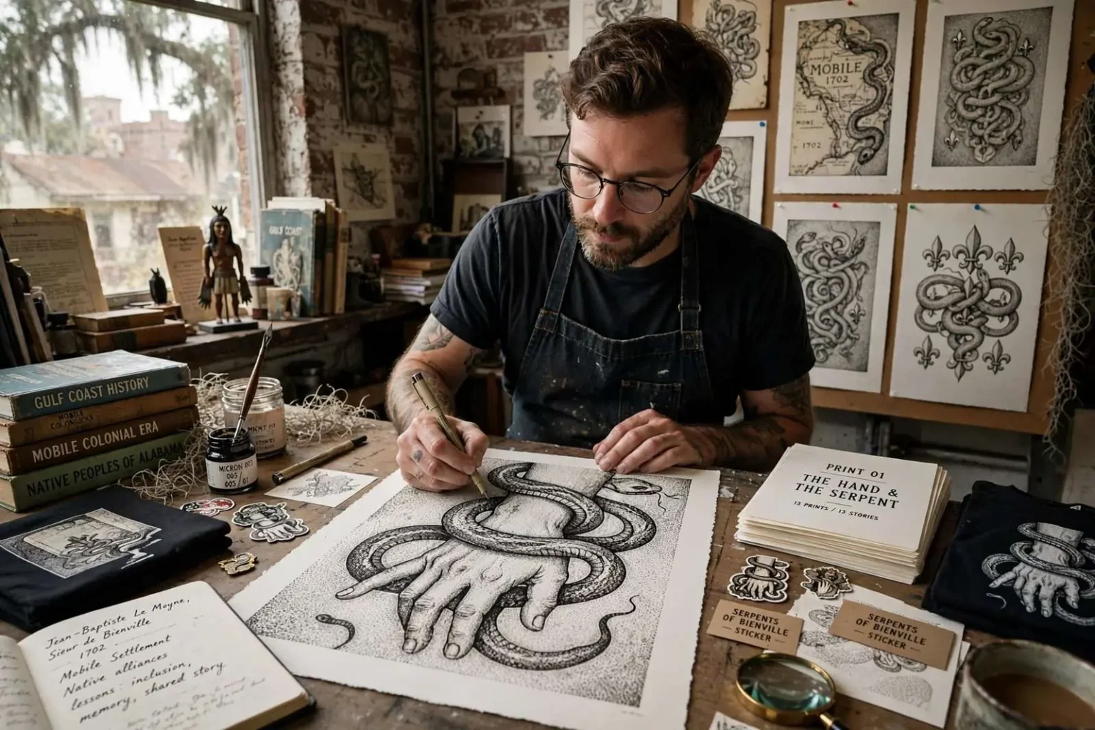 Illustration for the news story: The Serpents of Bienville: Sean Herman’s Growing Art and Story Project