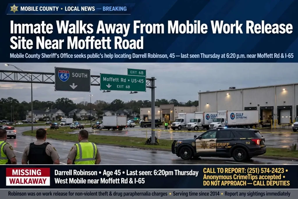 Illustration for the news story: Inmate Walks Away From Mobile Work Release Site Near Moffett Road