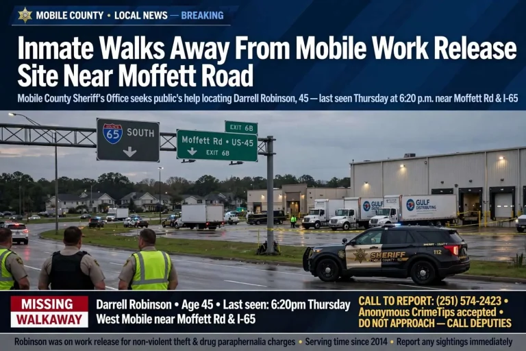 Illustration for the news story: Inmate Walks Away From Mobile Work Release Site Near Moffett Road