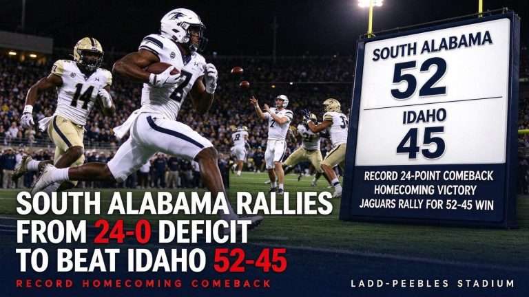 Illustration for the news story: South Alabama Rallies From 24-0 Deficit to Beat Idaho 52-45 in Record Homecoming Comeback