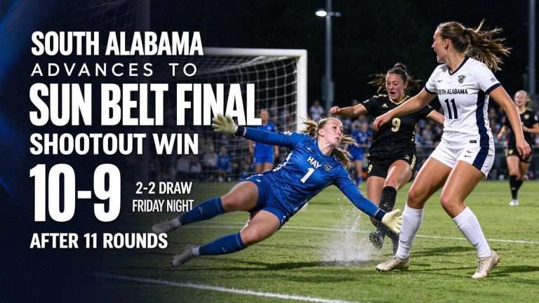 Illustration for the news story: South Alabama Soccer Outlasts Appalachian State in 11-Round Shootout to Reach Sun Belt Final