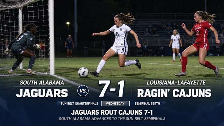 Illustration for the news story: South Alabama Soccer Routs Louisiana-Lafayette 7-1 to Reach Sun Belt Semifinals
