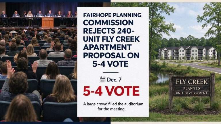 Illustration for the news story: Fairhope Planning Commission Rejects 240-Unit Fly Creek Apartment Proposal on 5-4 Vote