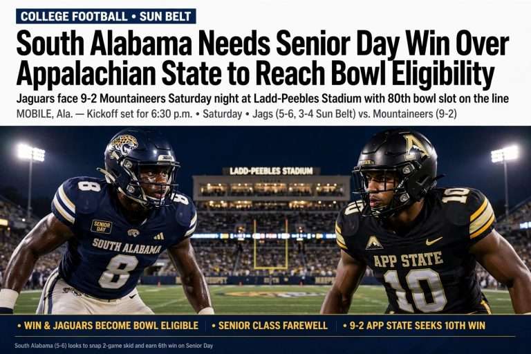 Illustration for the news story: South Alabama Needs Senior Day Win Over Appalachian State to Reach Bowl Eligibility