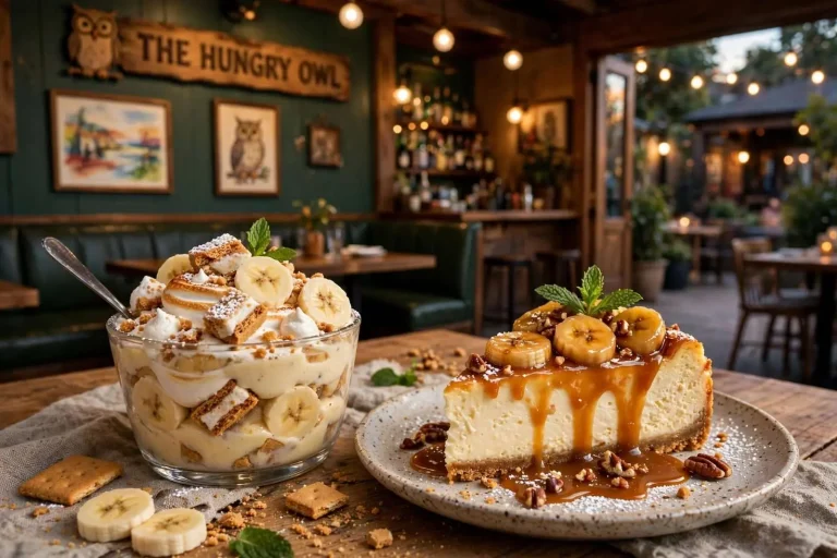 Illustration for the news story: The Hungry Owl Previews New Dessert Menu, from Banana Moonpie Pudding to Bananas Foster Cheesecake