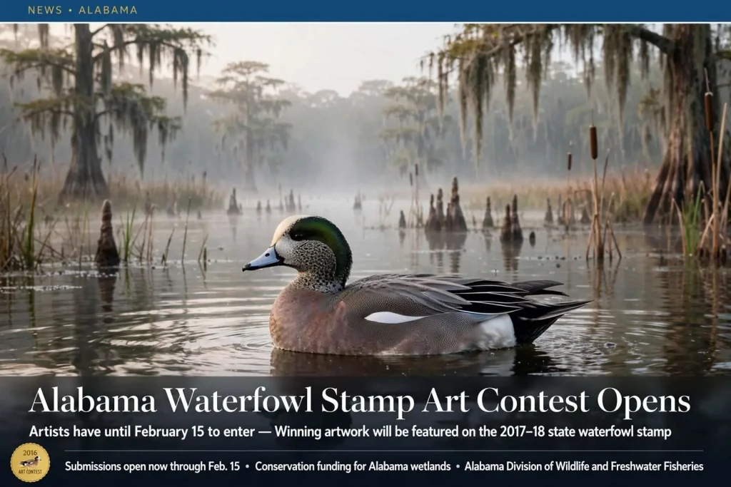 Illustration for the news story: Alabama Waterfowl Stamp Art Contest Opens: Artists Have Until Feb. 15 to Enter