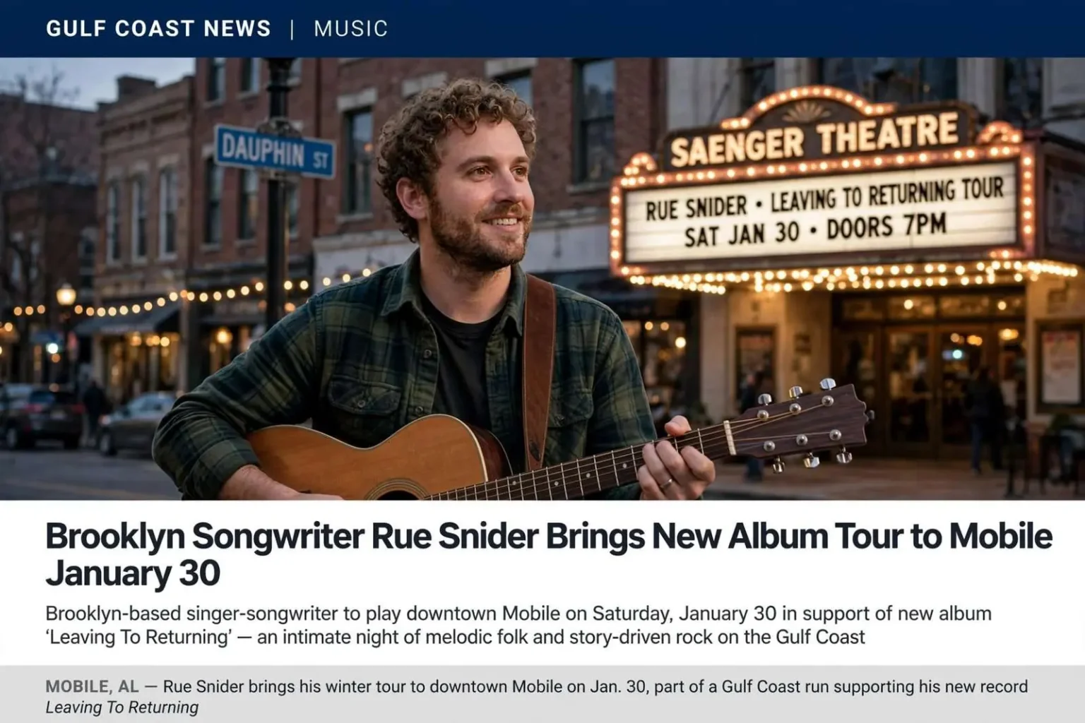 Illustration for the news story: Brooklyn Songwriter Rue Snider Brings New Album Tour to Mobile January 30
