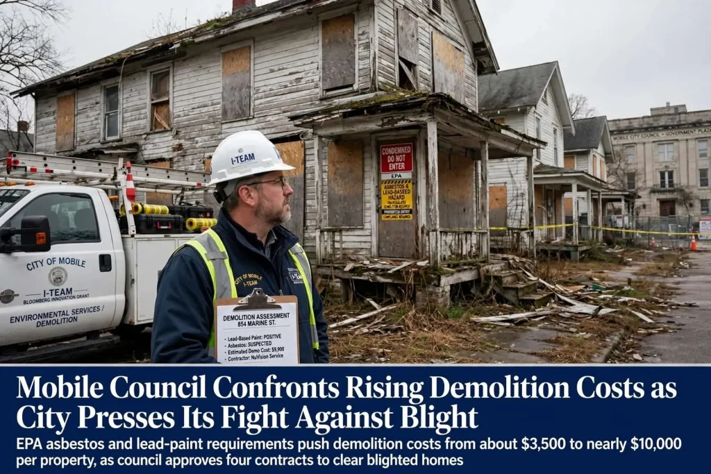 Illustration for the news story: Mobile Council Confronts Rising Demolition Costs as City Presses Its Fight Against Blight