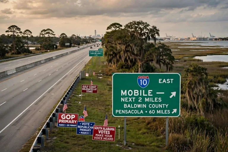 Illustration for the news story: Why Mobile and the I-10 Corridor Punch Above Their Weight in GOP Primaries