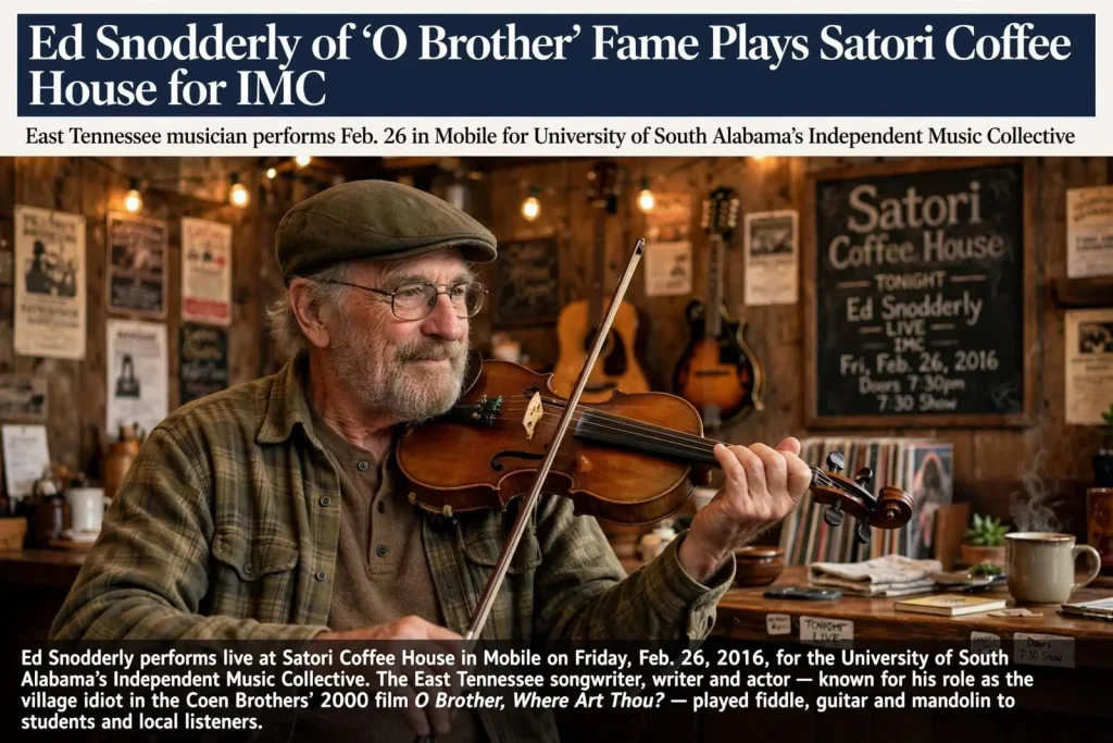 Illustration for the news story: Preview: Ed Snodderly of ‘O Brother’ Fame Plays Satori Coffee House for IMC