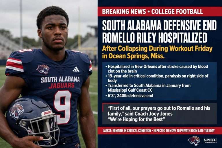 Illustration for the news story: South Alabama Defensive End Romello Riley Hospitalized After Collapsing During Workout