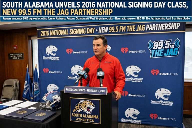 Illustration for the news story: South Alabama Unveils 2016 National Signing Day Class, New 99.5 FM The Jag Partnership
